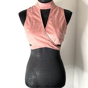 L’Atiste by Amy Pink Faux Suede Cutout Crop Top Mock Neck Wrap Front Zipper Back